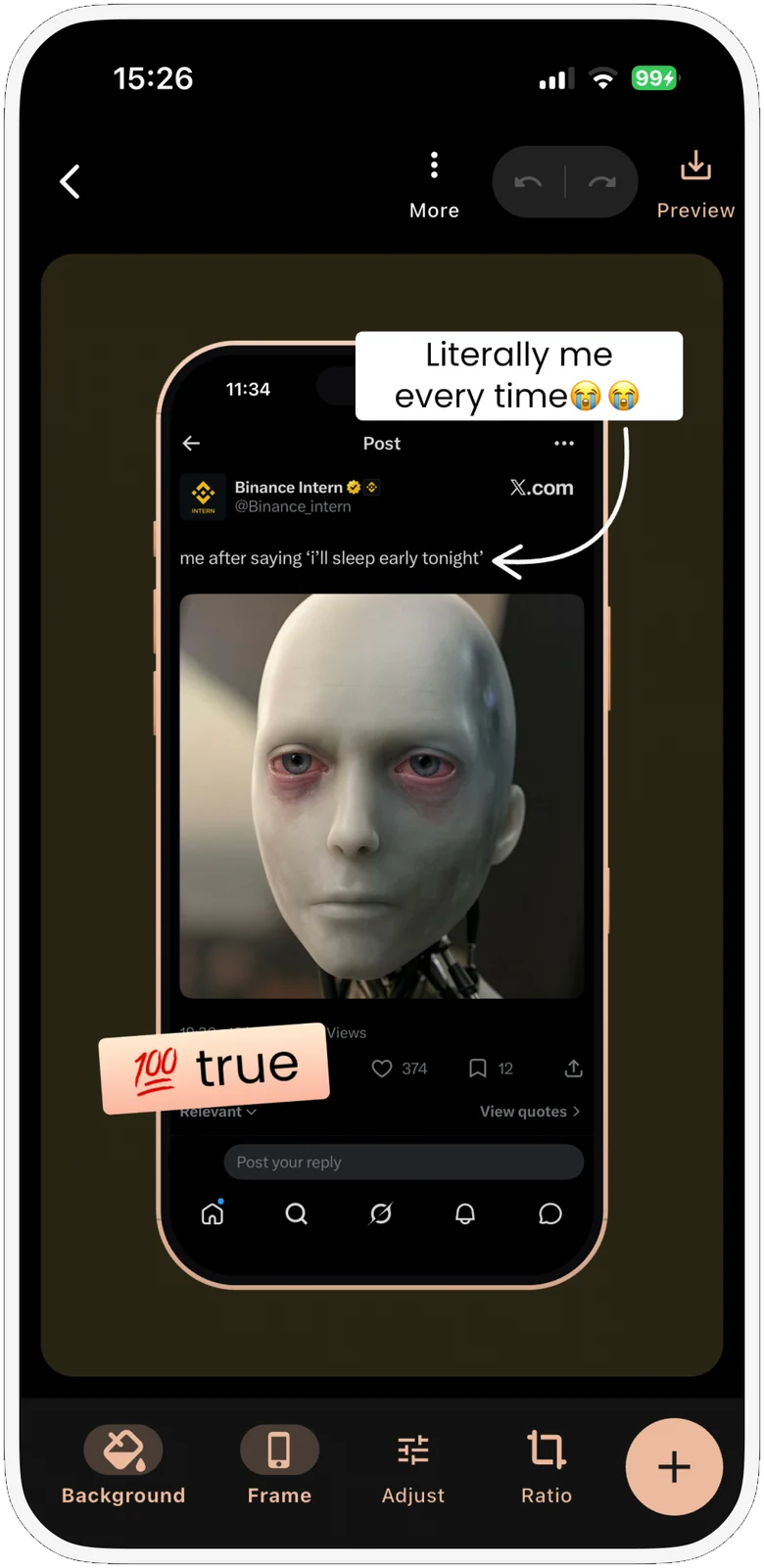 Screenshot of an X post placed inside an iPhone frame with a caption, an arrow and a sticker