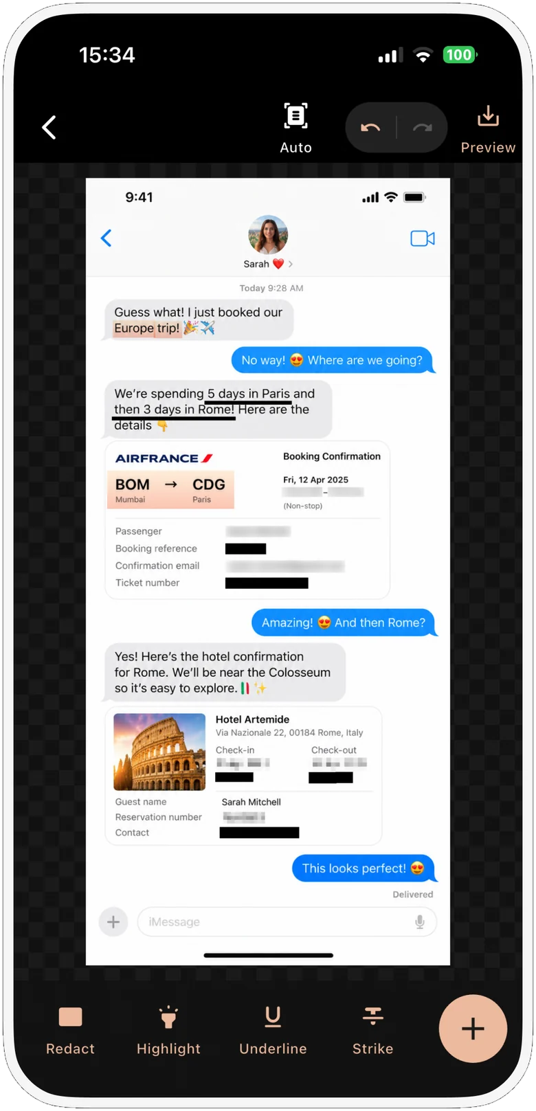 Chat screenshot with booking details hidden using redact boxes, blur and pixelate