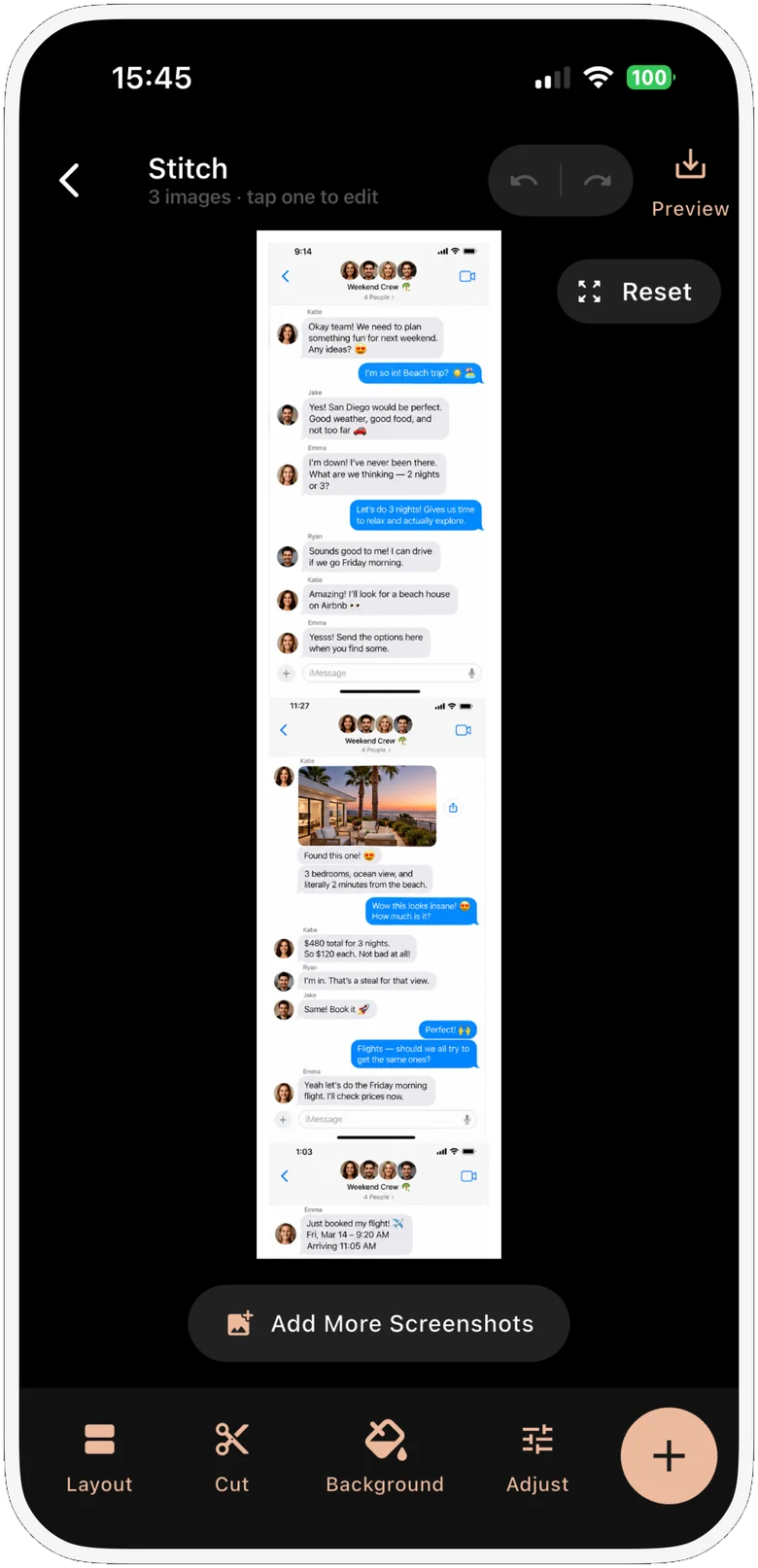 Three chat screenshots stitched into one long image in the Stitch editor